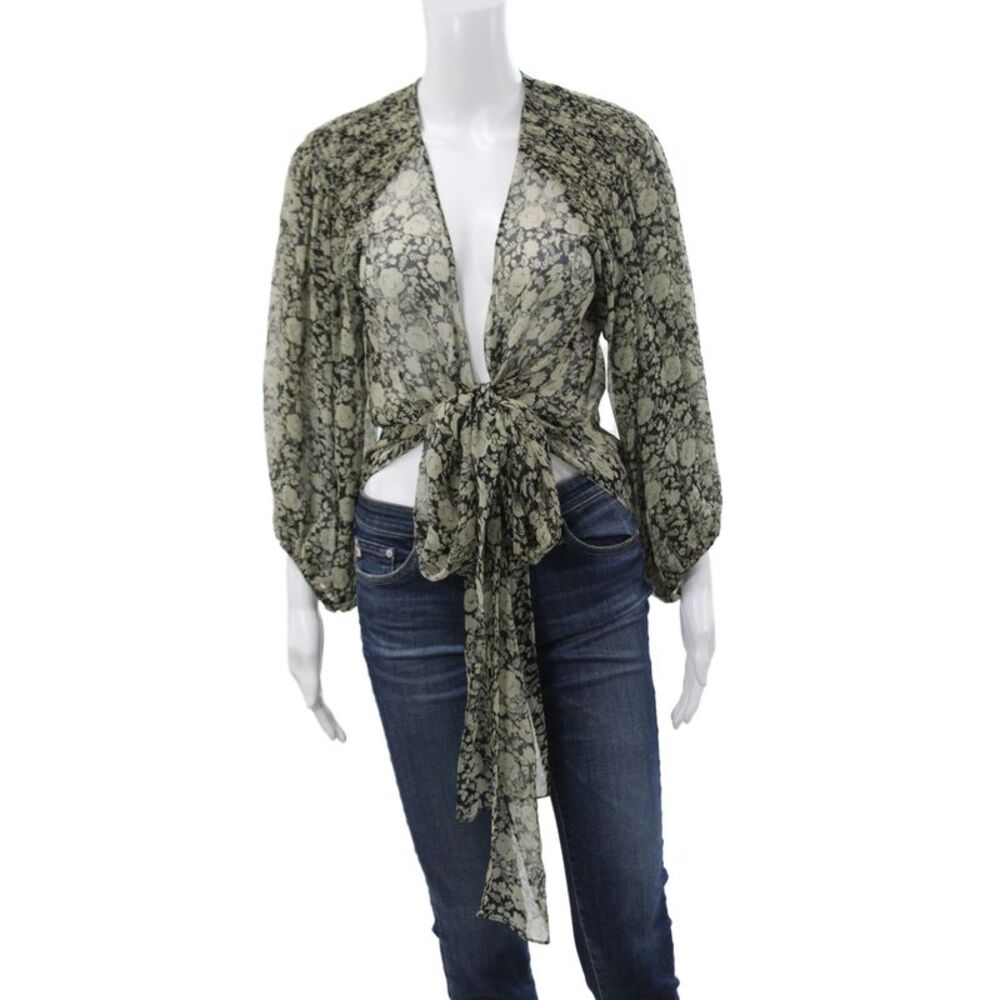 Chloe Womens Kimono Blouse Beige V Neck Floral Long Sleeve Tie Size 38